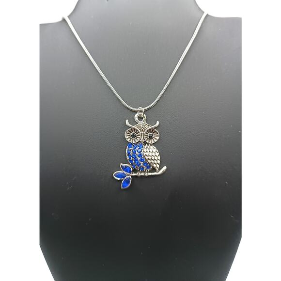 Stainless Steel Blue Crystal Owl Pendant Necklace 18" Handmade - Picture 1 of 3